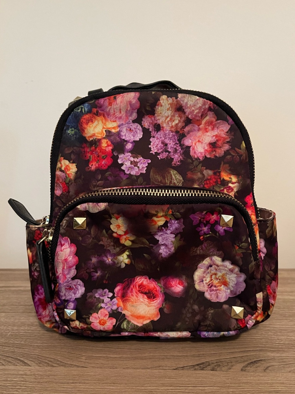 Madden Girl Floral Mini Backpack in Black with Pink & Purple Blooms